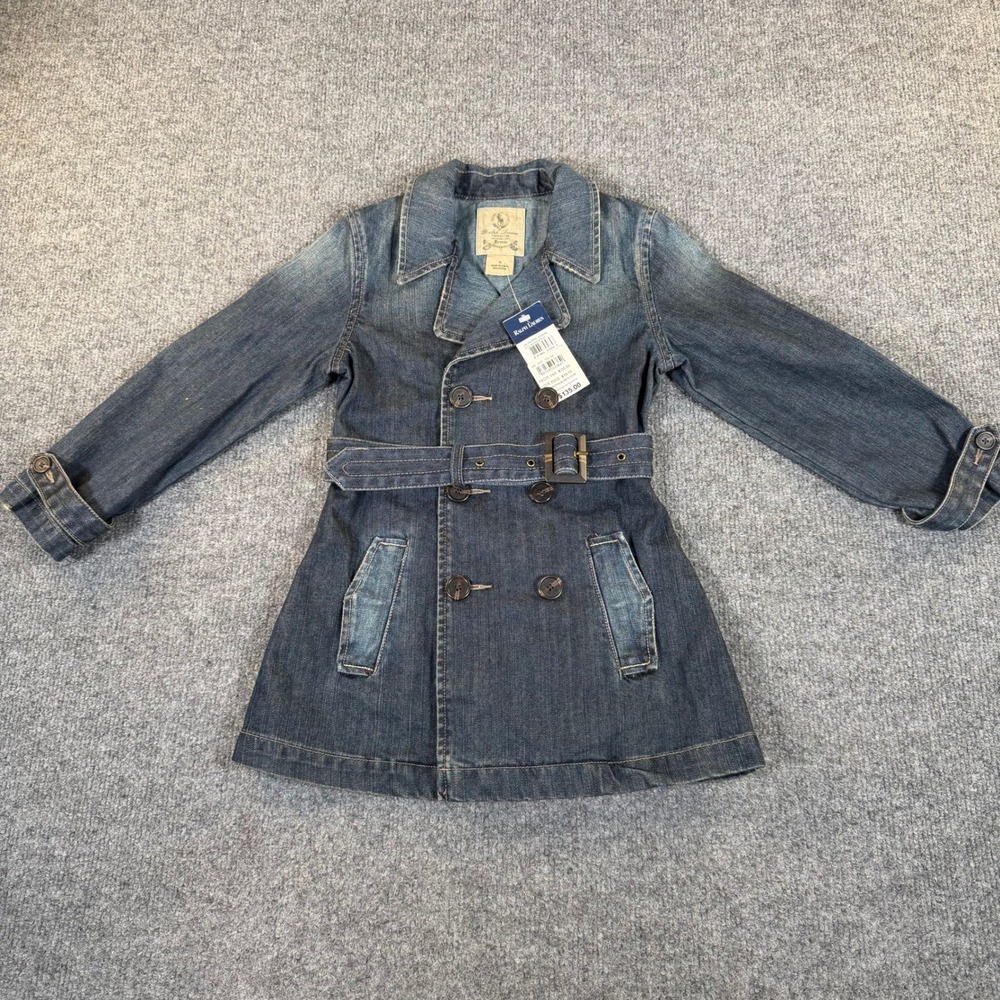 Ralph Lauren Denim Girls Blue Trench Coat Belted Jacket Size 5 NWT #3192